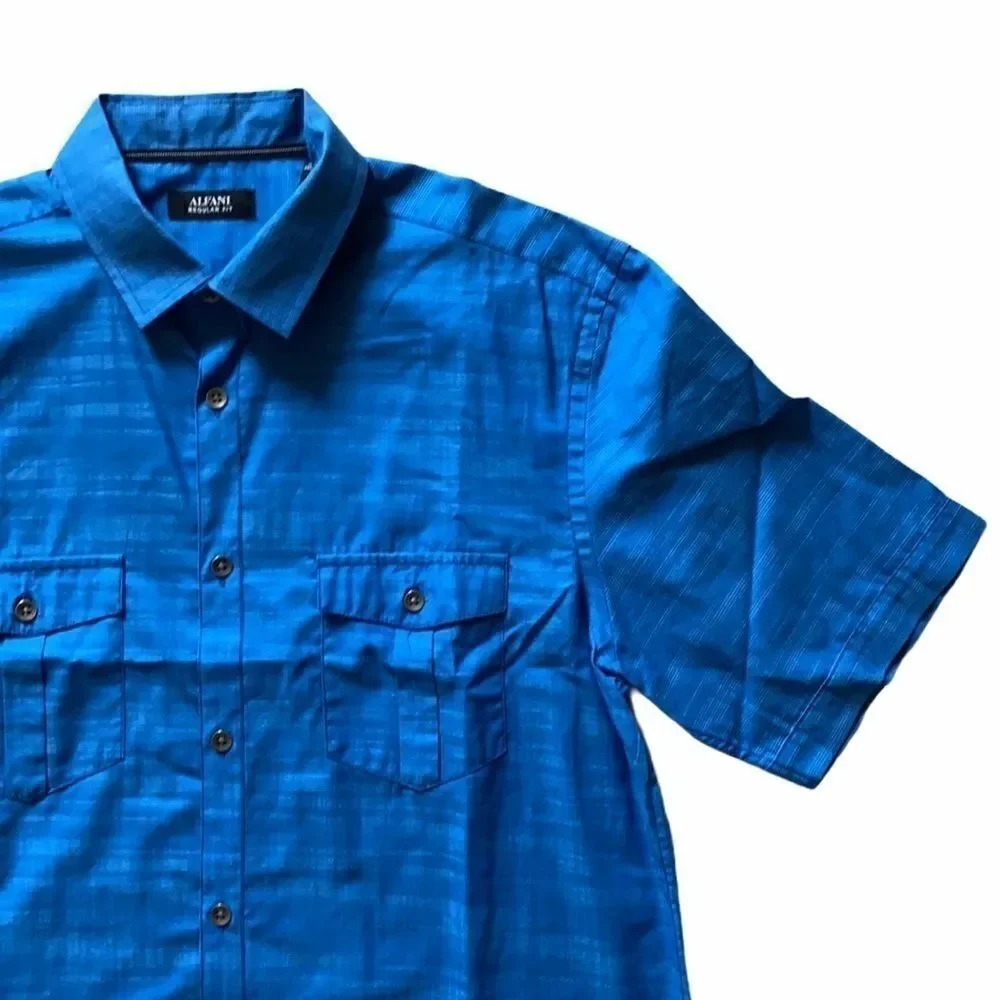 NWOT Alfani Regular Fit Blue Short Sleeve Button Down M Shirt Casual
